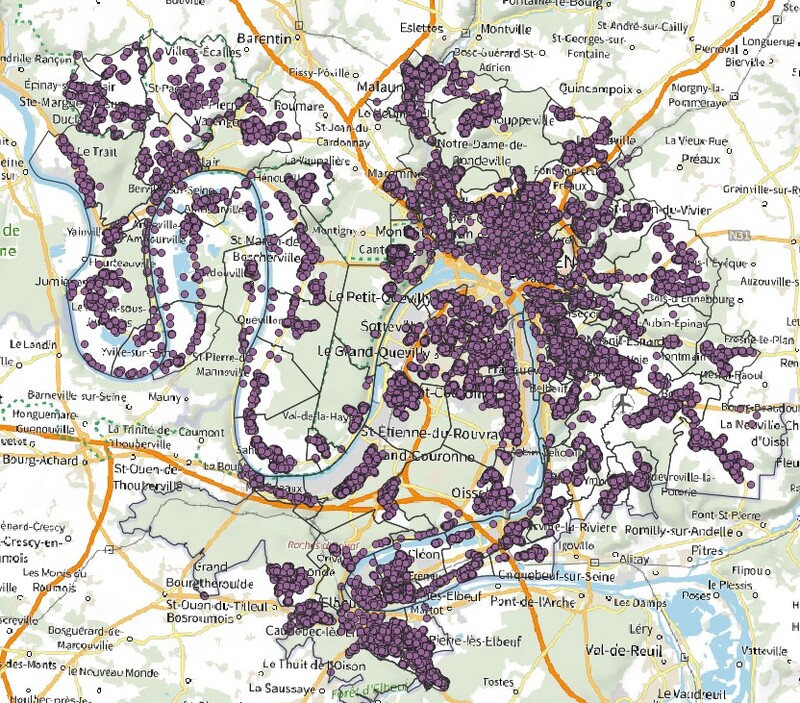 Représentation cartographique des pavillons des années 1974 à 2000 sur la Métropole Rouen Normandie